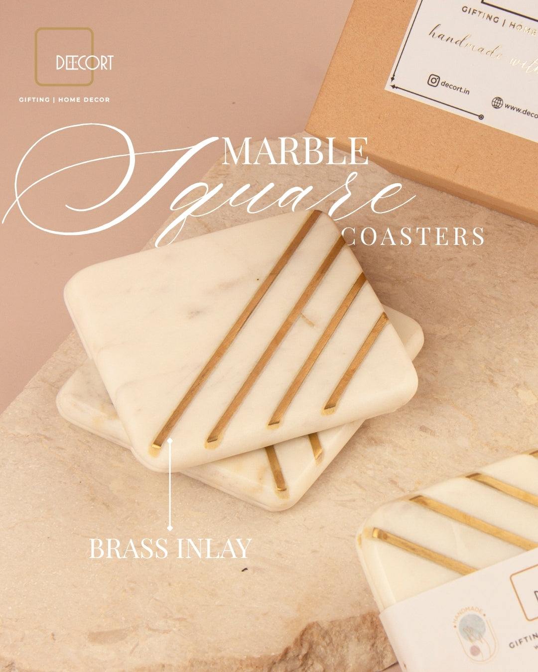 Matte Gold Embossed Jasmine Scented Candle & Marble Strips Brass Inlay Coasters (set of 2) - Gift Set