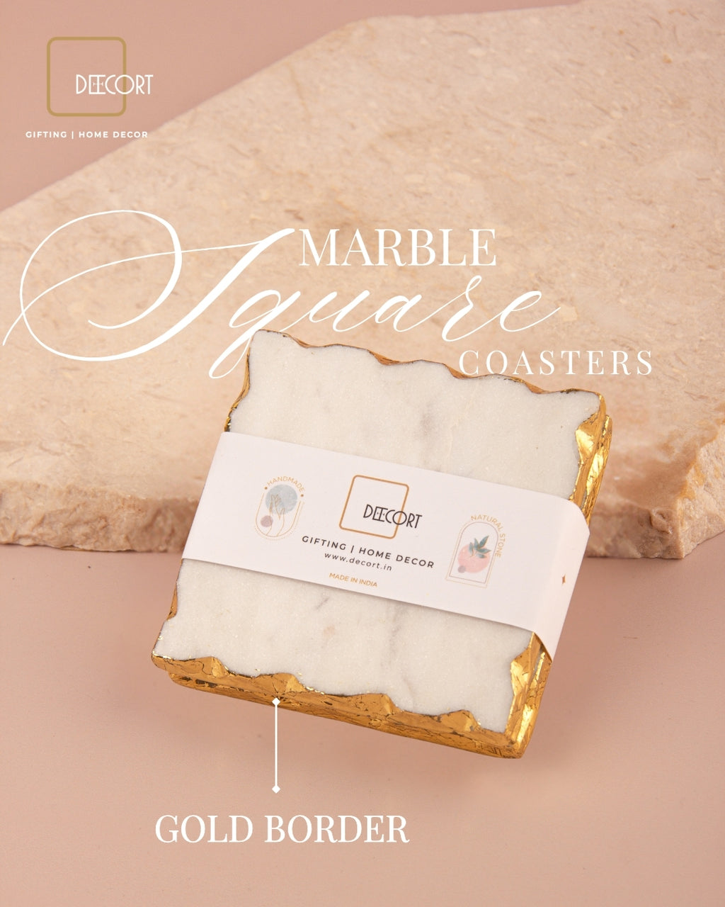 Geometric Embossed Gold Double Wick Scented Candle and Set of 2 Marble coasters with Gold Border