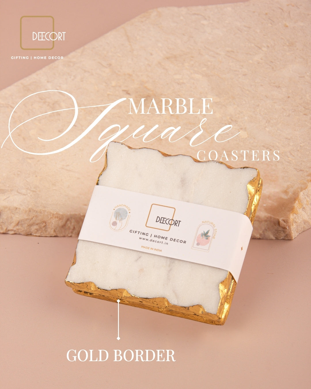 Geometric Embossed Gold Double Wick Scented Candle and Set of 2 Marble coasters with Gold Border