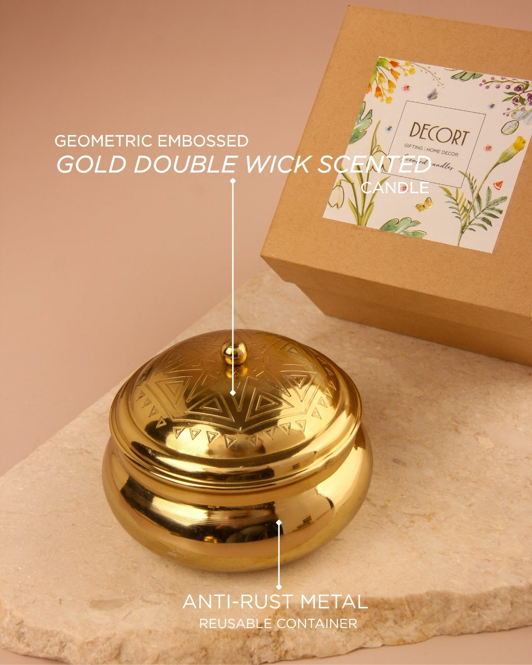Geometric Embossed Gold Double Wick Scented Candle and Set of 2 Marble coasters with Gold Border