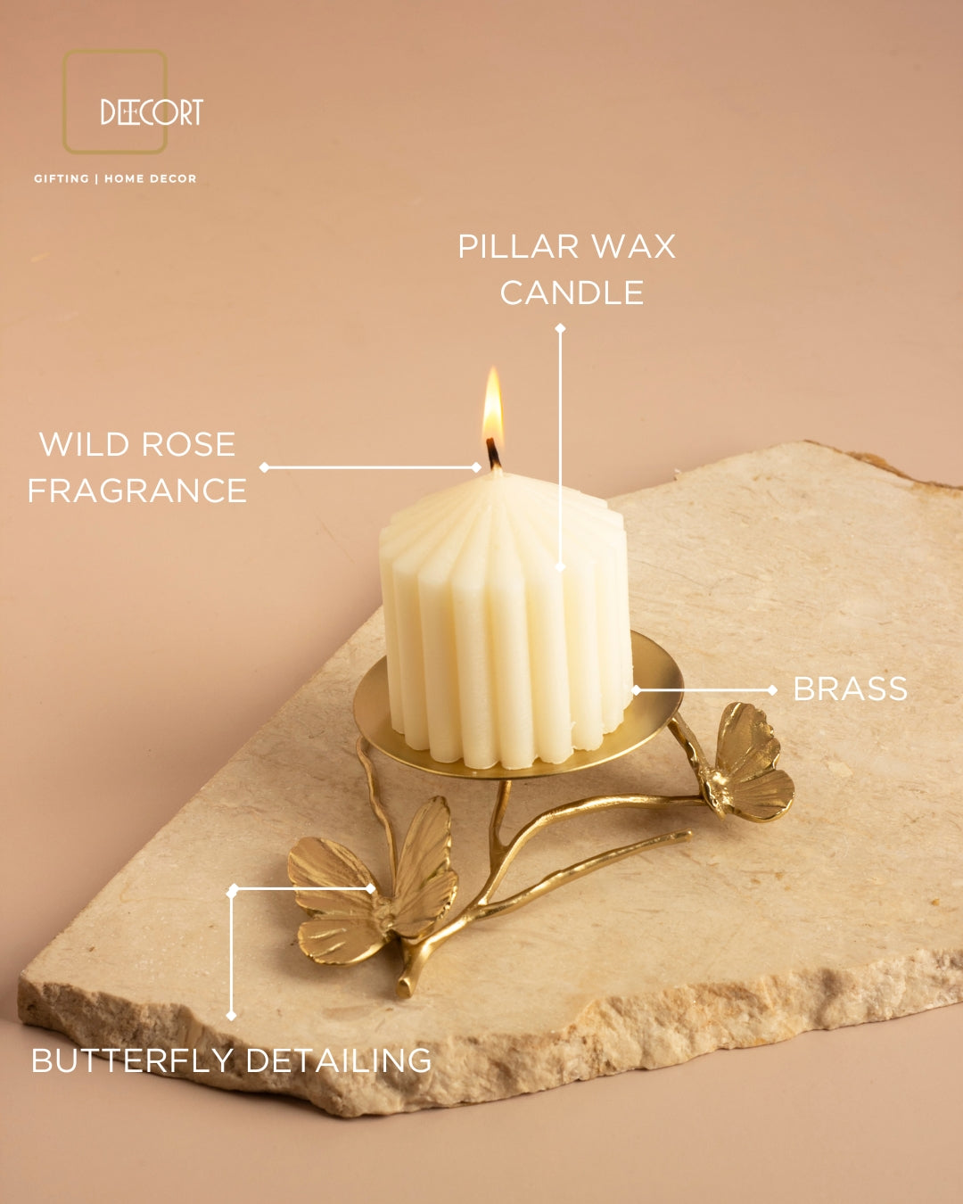 Butterfly Brass Candle Stand and Ivory Fluted Candle Gift Set