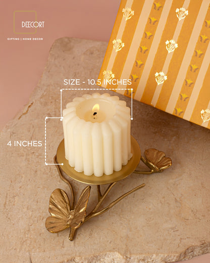 Butterfly Brass Candle Stand and Ivory Fluted Candle Gift Set