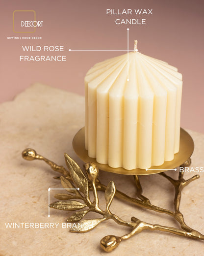 Winterberry Brass Candle Stand and Ivory Fluted Candle Gift Set