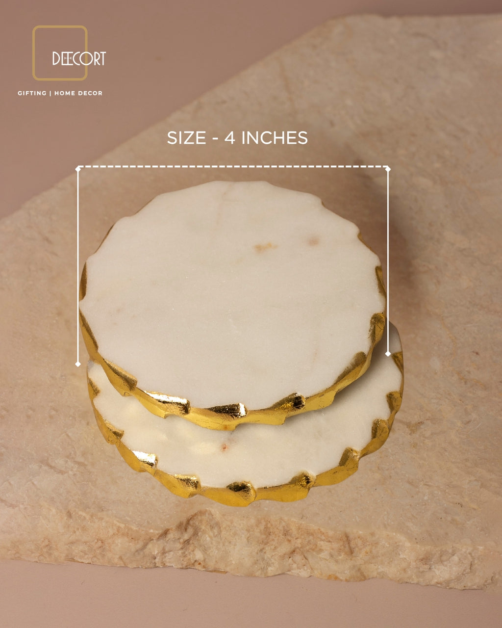 Geometric Embossed Gold Double Wick Scented Candle and Set of 2 Round Marble coasters with Gold Border