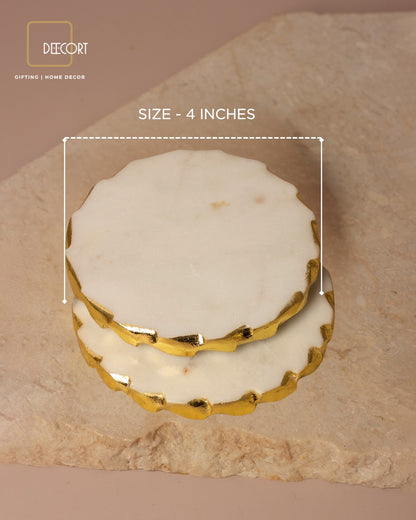 Geometric Embossed Gold Double Wick Scented Candle and Set of 2 Round Marble coasters with Gold Border