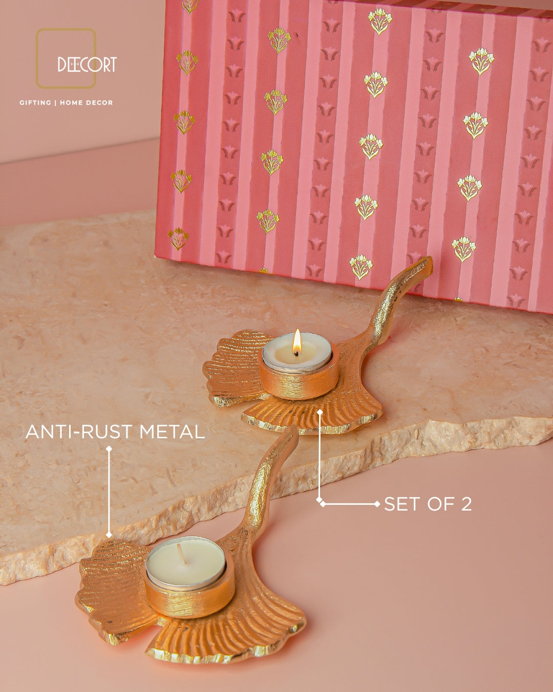 Gold Flabellate Leaf T Light Holder with scented candles - Set of 2