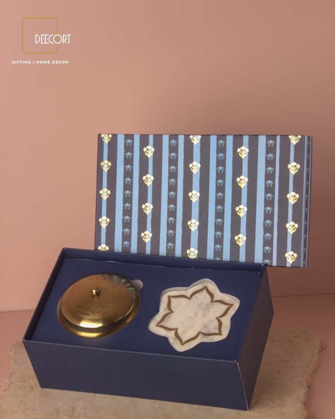 Matte Gold Embossed Jasmine Scented Candle & Marble Urli Coasters with Brass Inlay (set of 2) - Gift Set