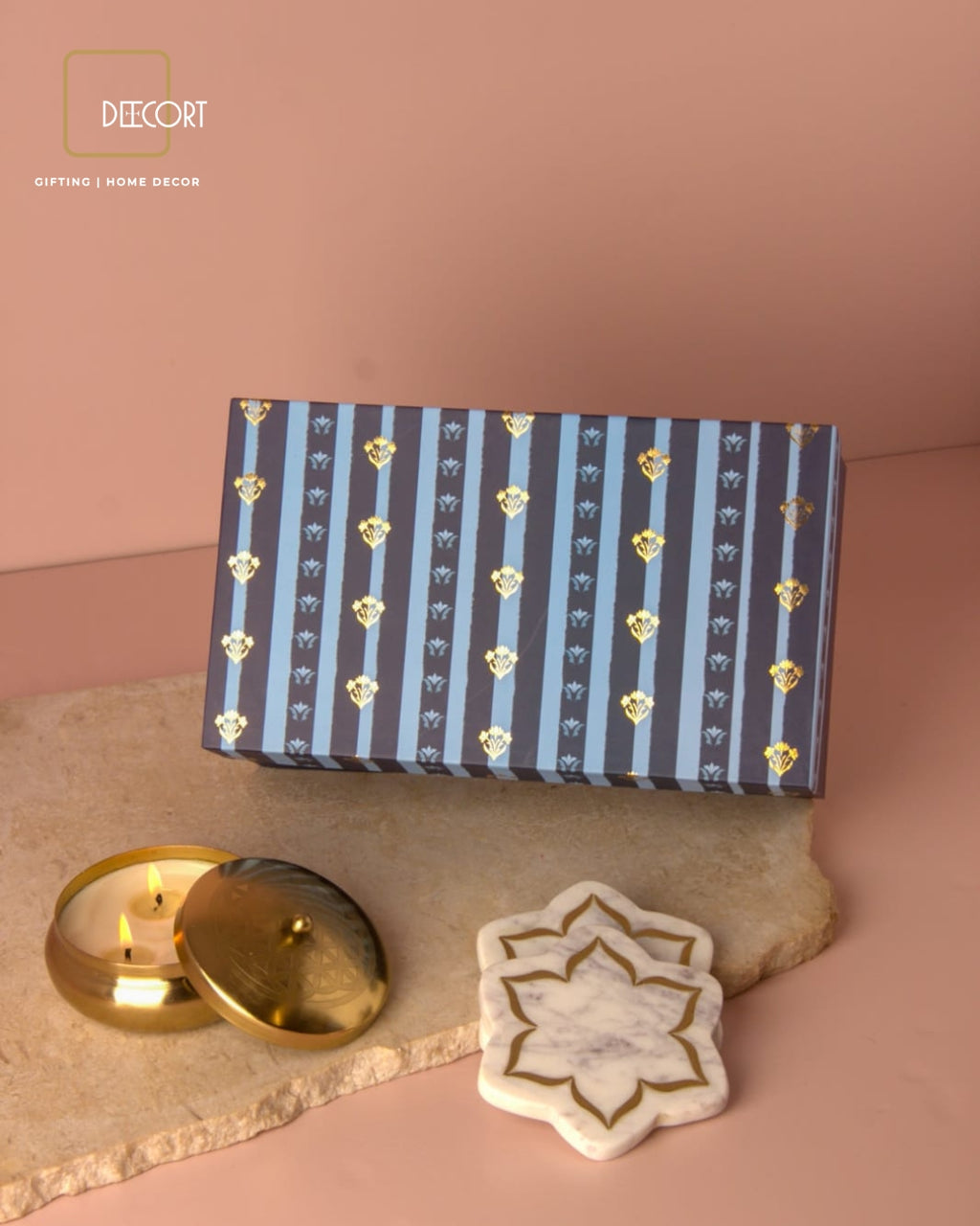 Matte Gold Embossed Jasmine Scented Candle & Marble Urli Coasters with Brass Inlay (set of 2) - Gift Set