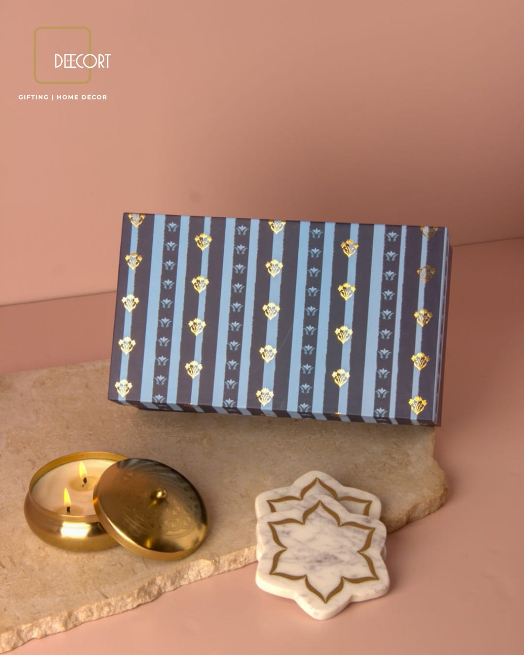 Matte Gold Embossed Jasmine Scented Candle & Marble Urli Coasters with Brass Inlay (set of 2) - Gift Set