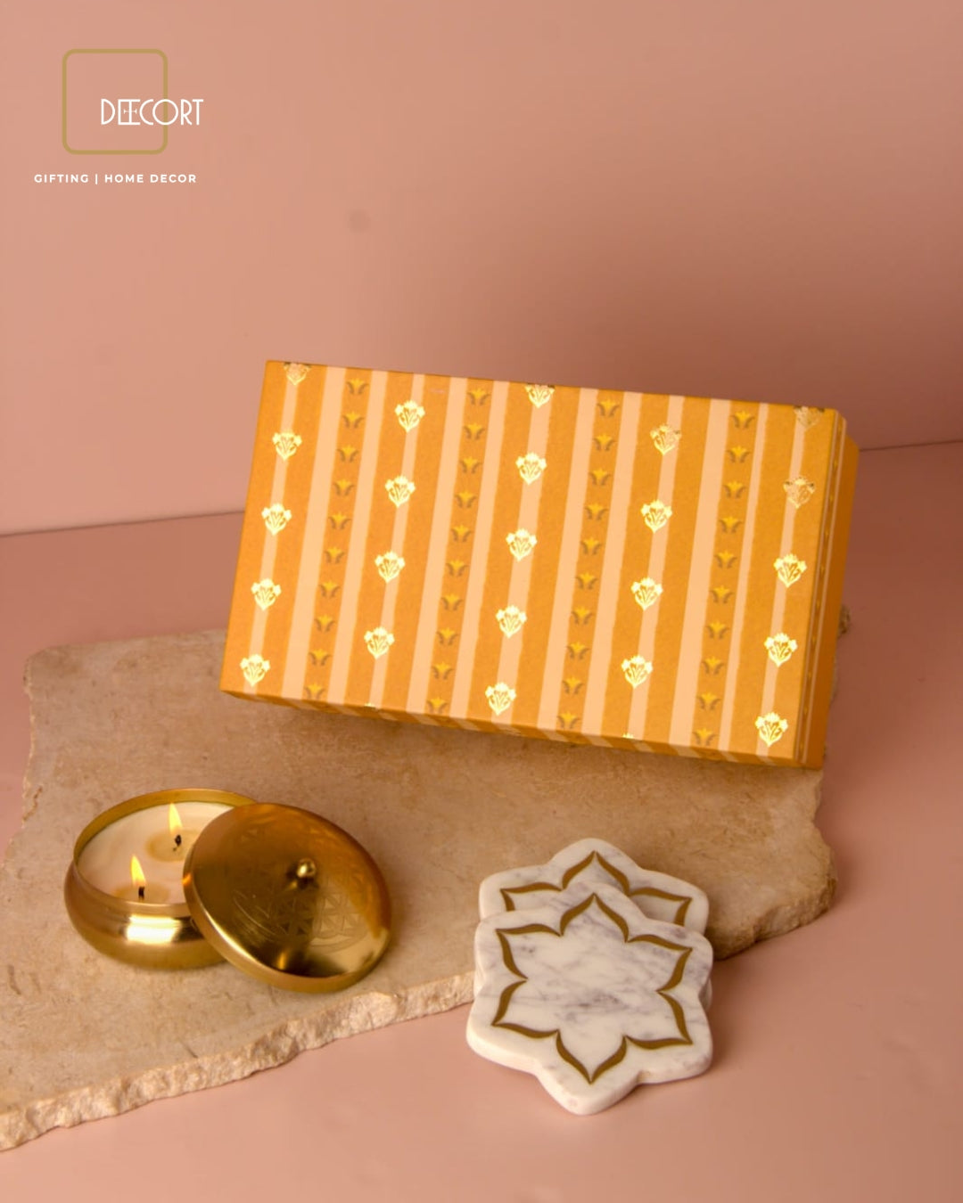 Matte Gold Embossed Jasmine Scented Candle & Marble Urli Coasters with Brass Inlay (set of 2) - Gift Set