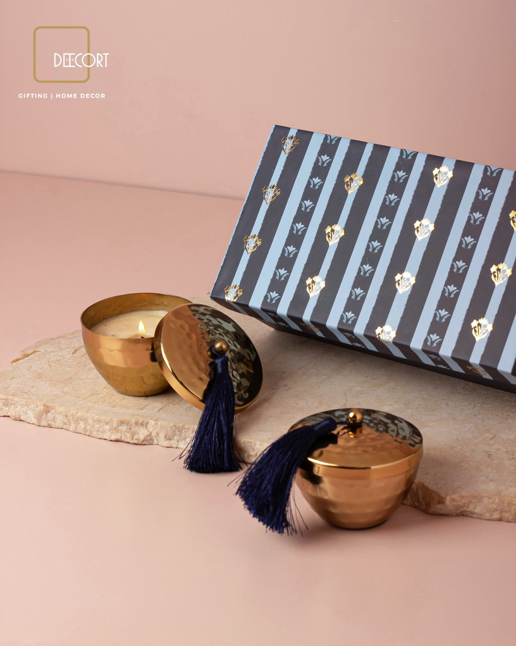 Gold Hammered Scented Candle with Tassel - Set of 2
