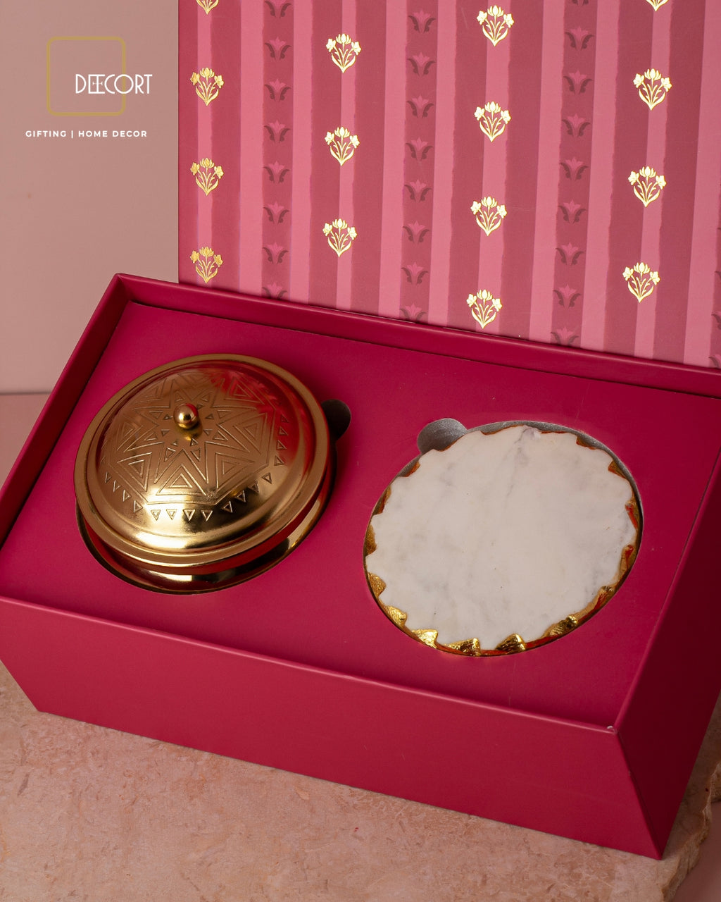 Geometric Embossed Gold Double Wick Scented Candle and Set of 2 Round Marble coasters with Gold Border
