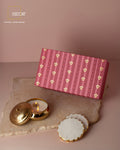 Geometric Embossed Gold Double Wick Scented Candle and Set of 2 Round Marble coasters with Gold Border