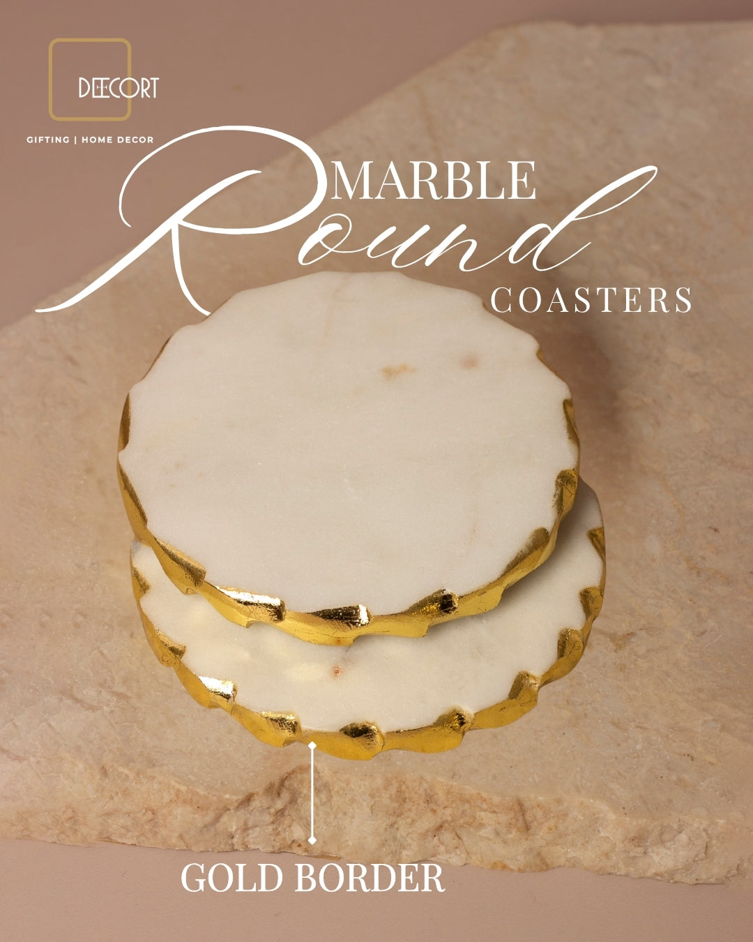 Geometric Embossed Gold Double Wick Scented Candle and Set of 2 Round Marble coasters with Gold Border