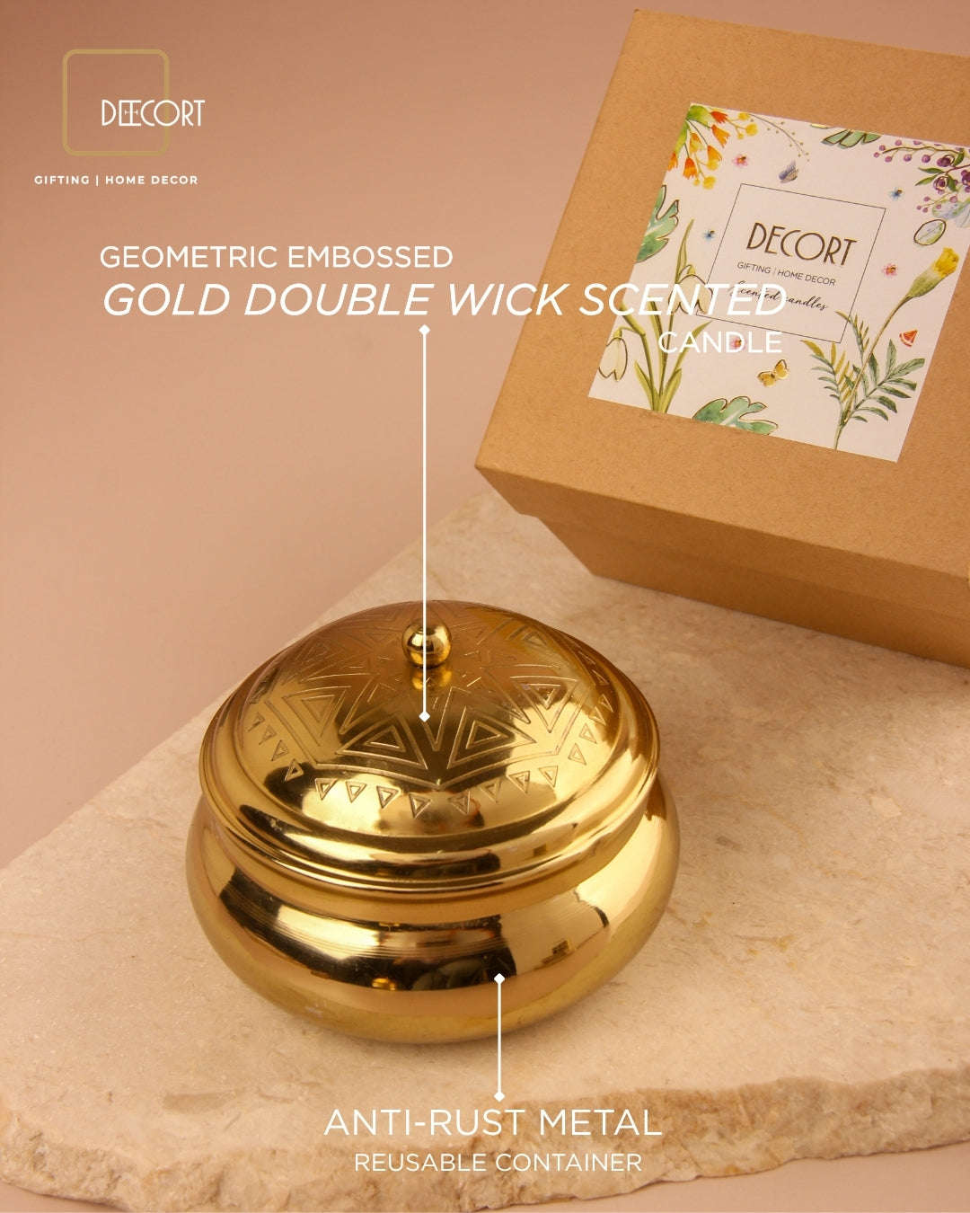 Geometric Embossed Gold and Rose Gold Double Wick Scented Candle - Set of 2