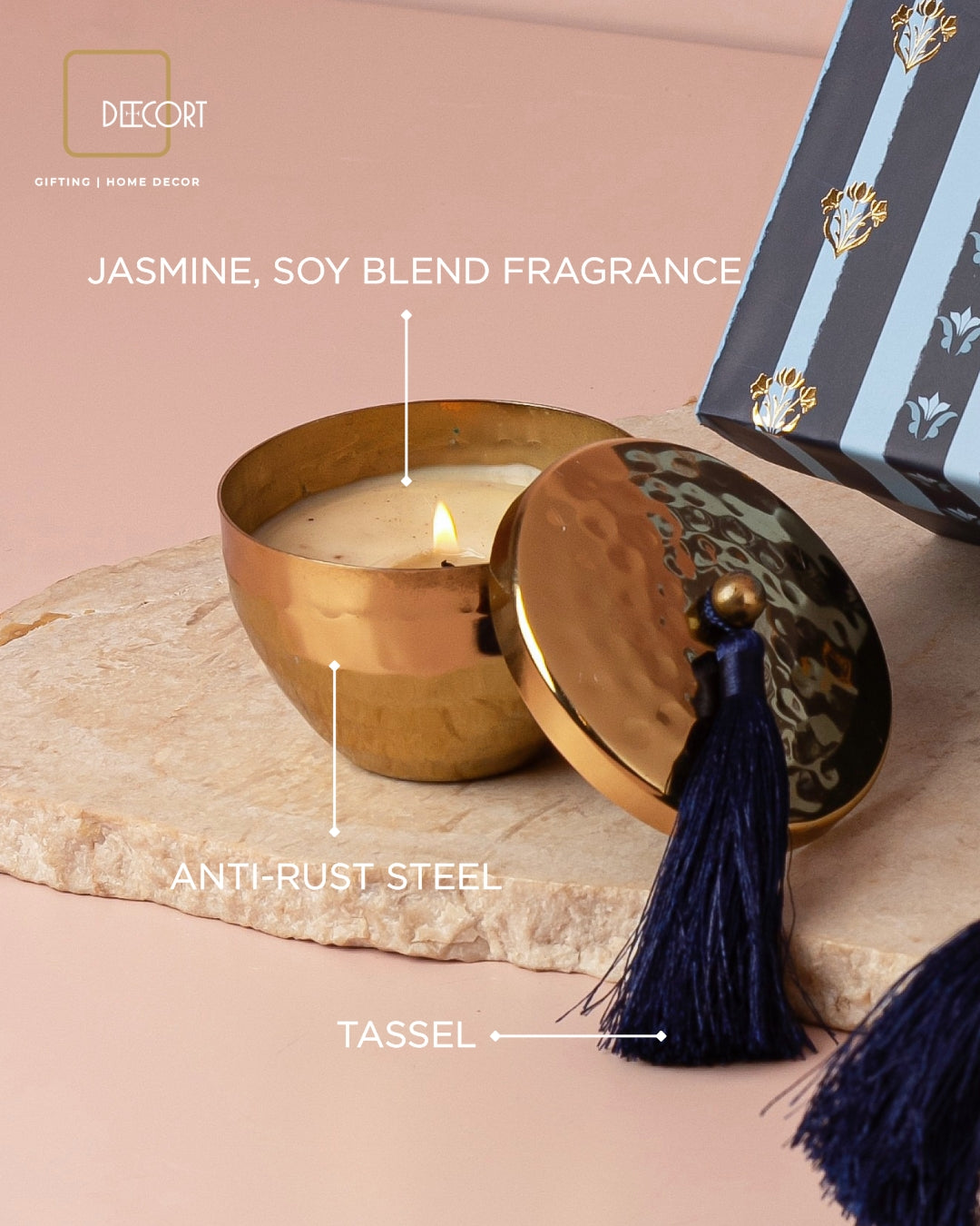Gold Hammered Scented Candle with Tassel - Set of 2