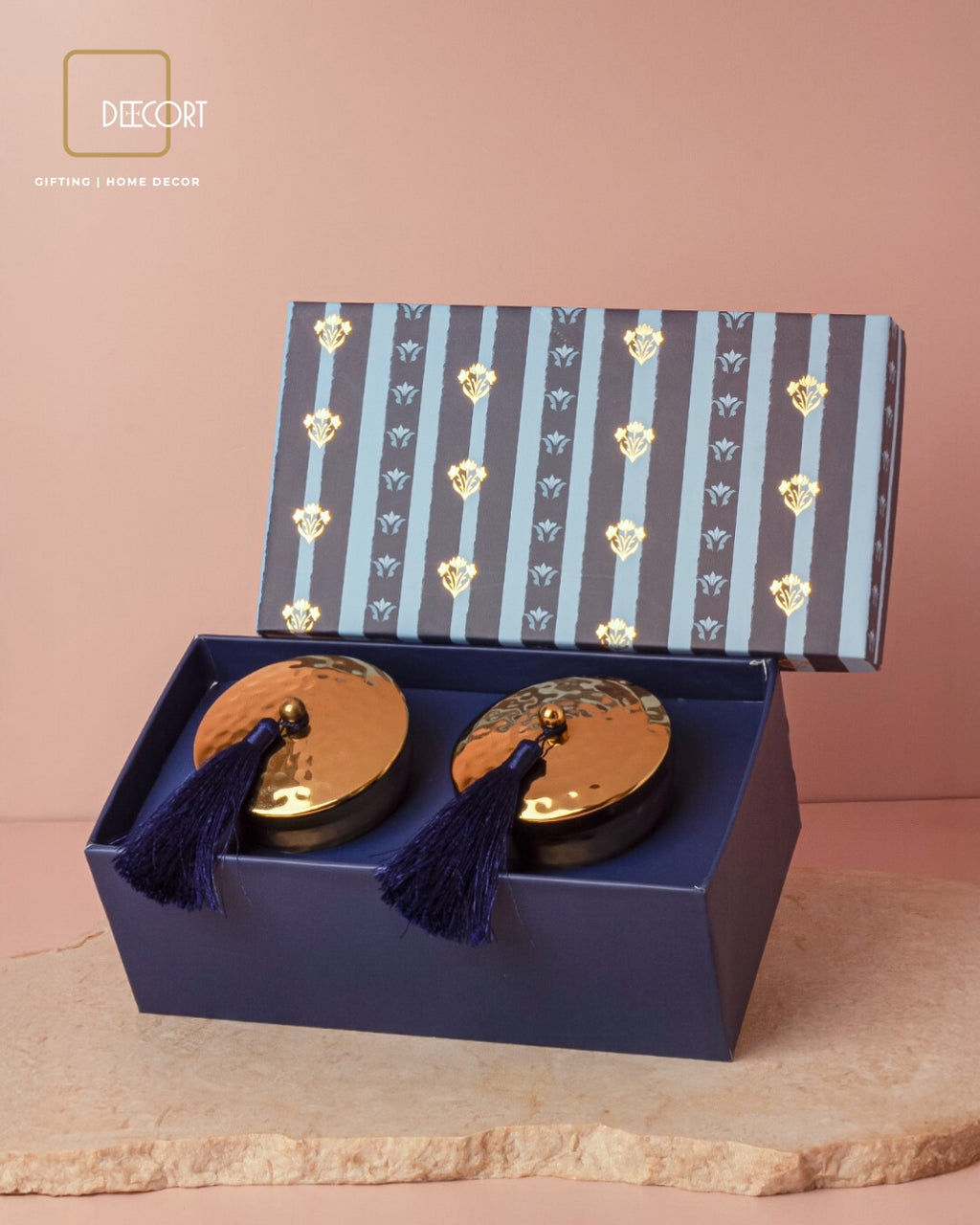 Gold Hammered Scented Candle with Tassel - Set of 2