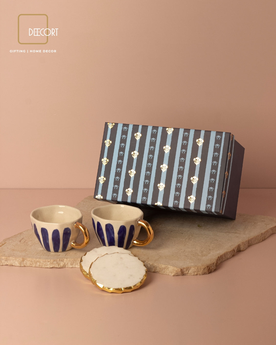 Elegant Hand-Painted Ceramic Cup Set with Round Marble Coasters - Set of 2 (Gift Box Included)