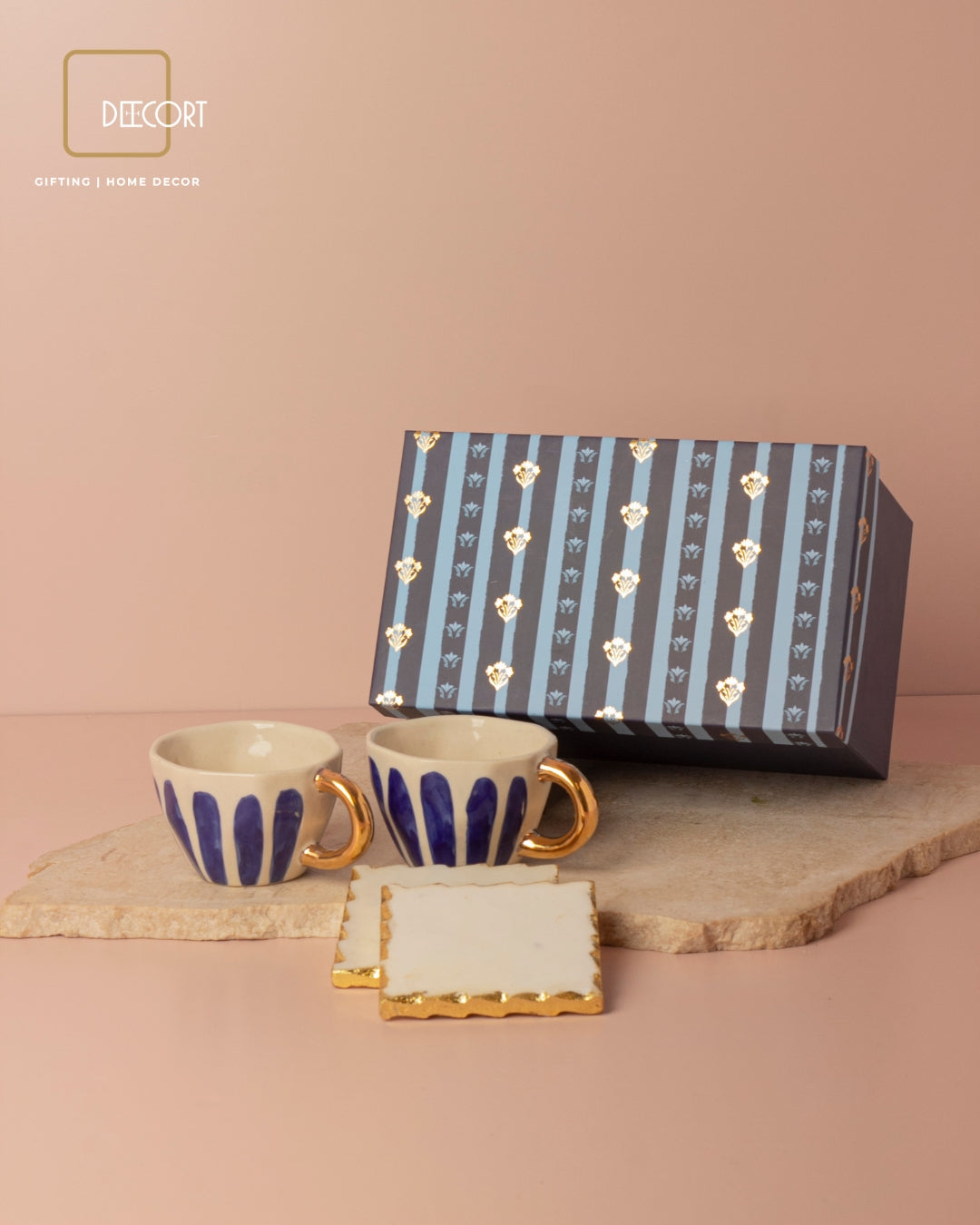 Luxury Hand-Painted Ceramic Cup Set with Gold Accents and Square Marble Coasters - Set of 2 (Gift Box Included)