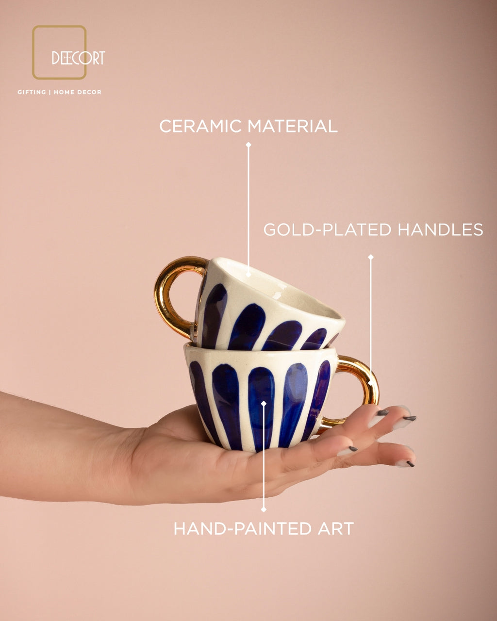 Luxury Hand-Painted Ceramic Cup Set with Gold Accents and Square Marble Coasters - Set of 2 (Gift Box Included)