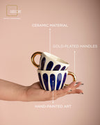 Luxury Hand-Painted Ceramic Cup Set with Gold Accents and Square Marble Coasters - Set of 2 (Gift Box Included)