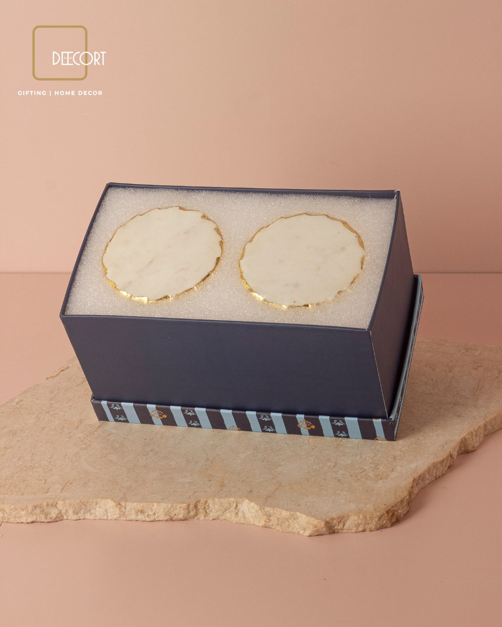 Elegant Hand-Painted Ceramic Cup Set with Round Marble Coasters - Set of 2 (Gift Box Included)