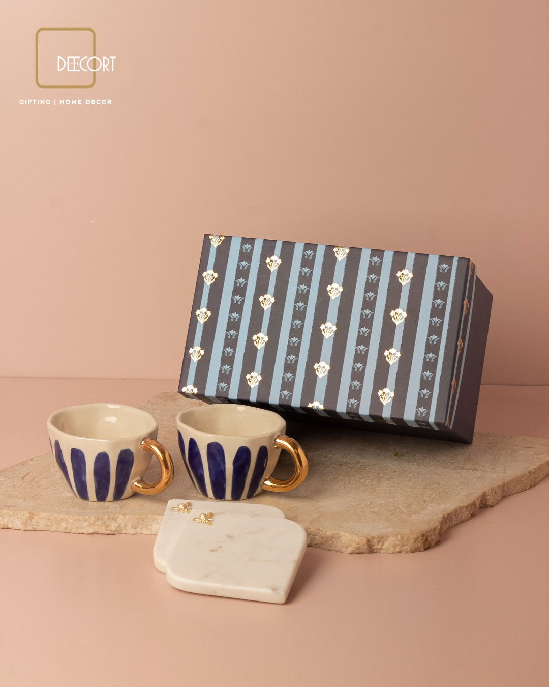 Royal Blue Hand-Painted Ceramic Cup Set with Gold-Plated Handles & Honey Bee Marble Coasters – Set of 2 (Gift Box Included)