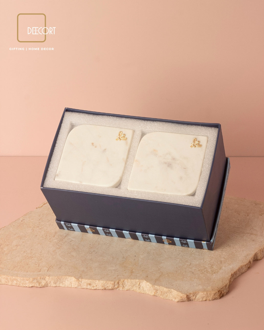 Royal Blue Hand-Painted Ceramic Cup Set with Gold-Plated Handles & Honey Bee Marble Coasters – Set of 2 (Gift Box Included)
