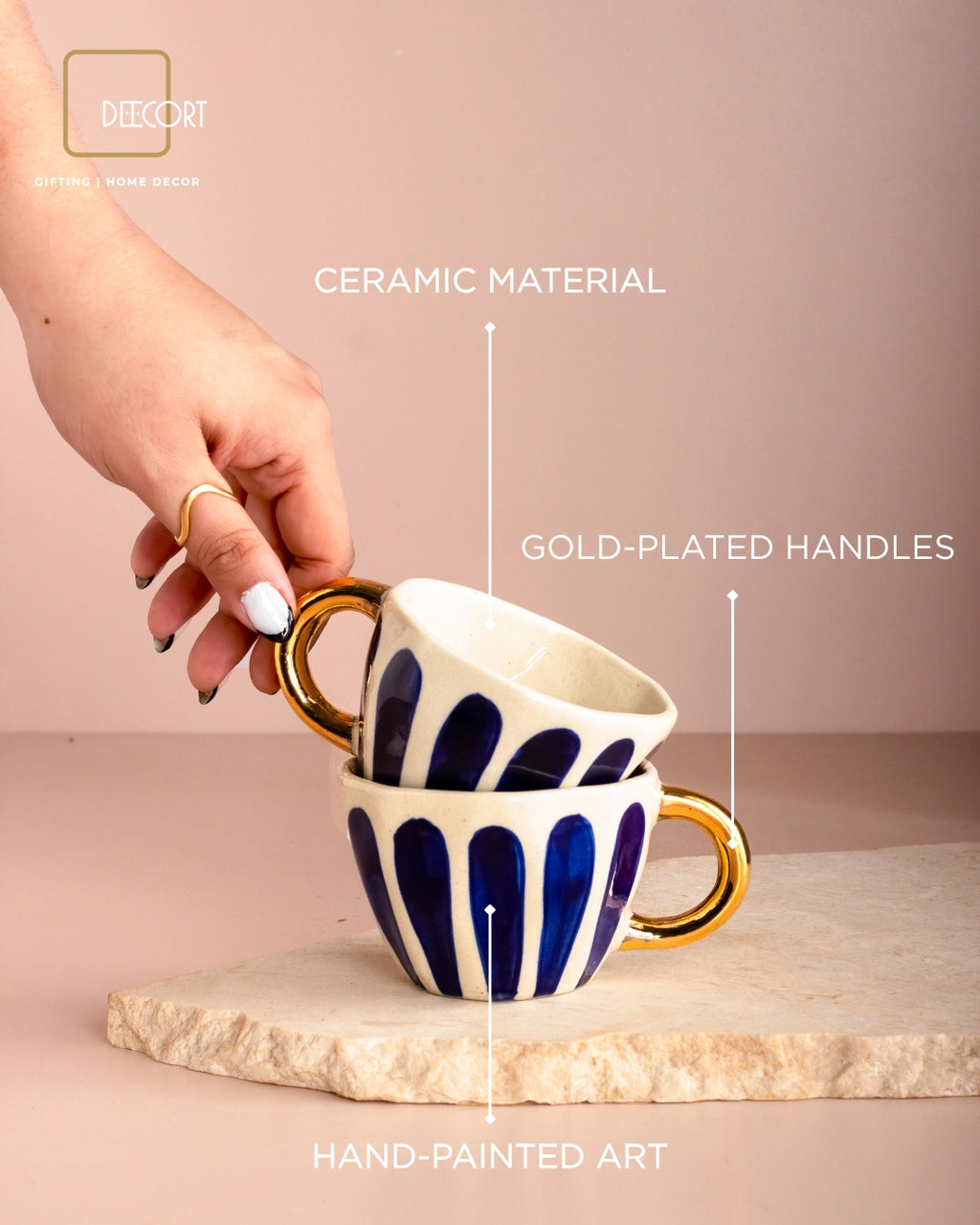 Royal Blue Hand-Painted Ceramic Cup Set with Gold-Plated Handles & Honey Bee Marble Coasters – Set of 2 (Gift Box Included)