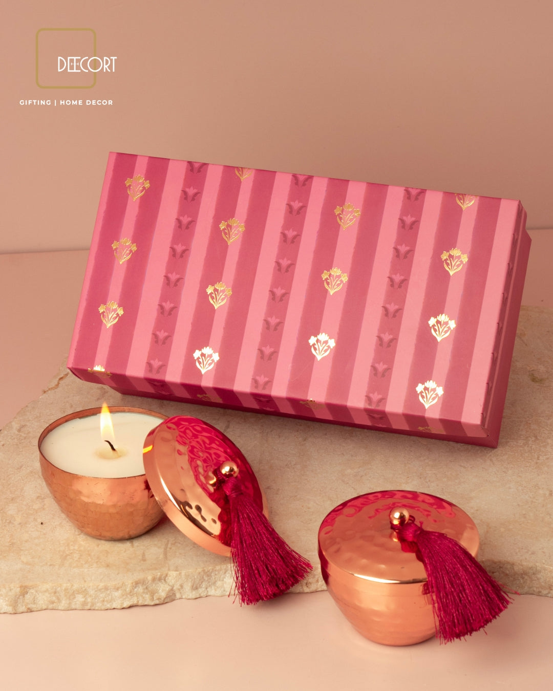 Rose Gold Hammered Scented Candle with Tassel - Set of 2