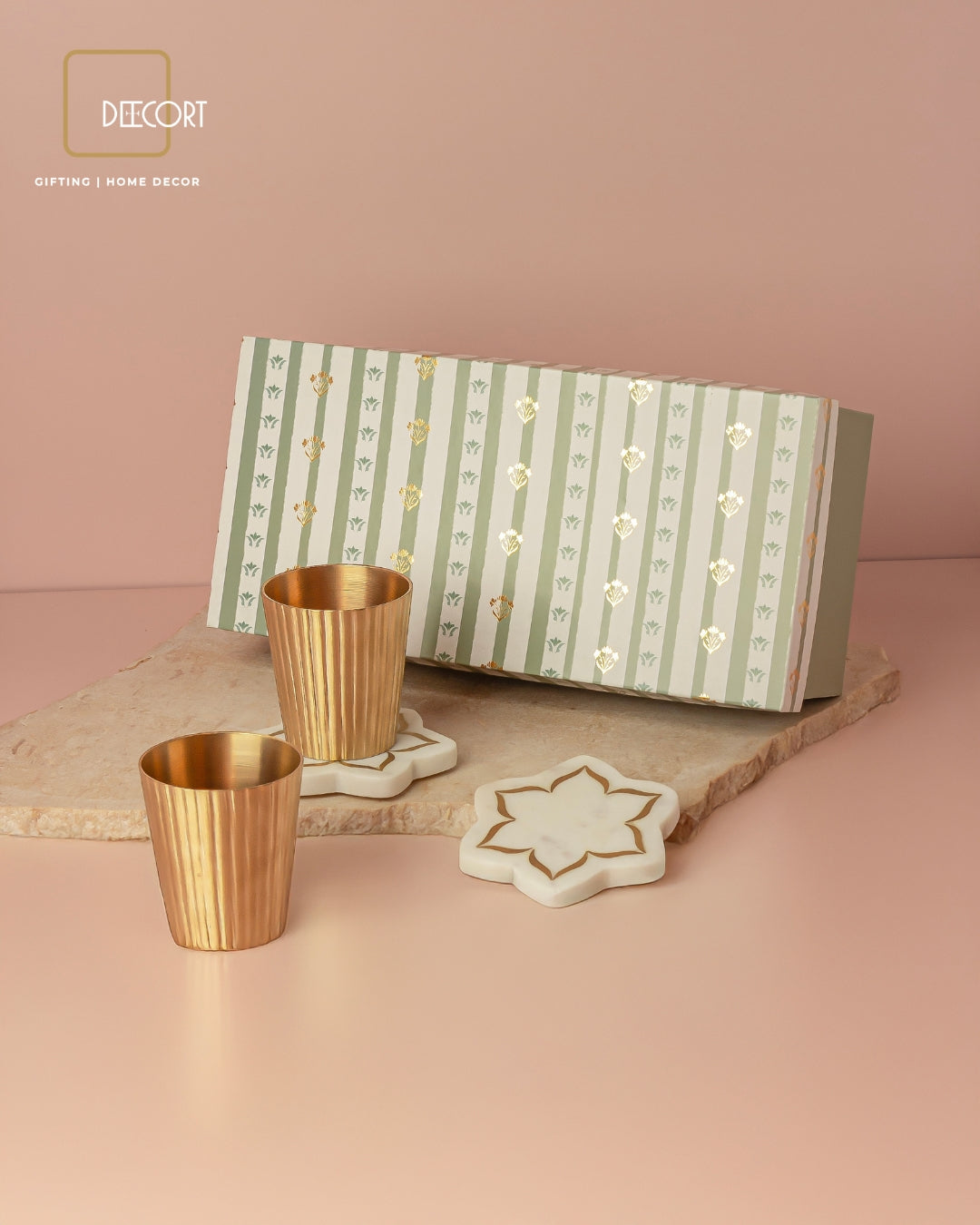 Golden Fluted Brass Glass & Marble Urli Coasters with Brass Inlay (set of 2) - Gift Set
