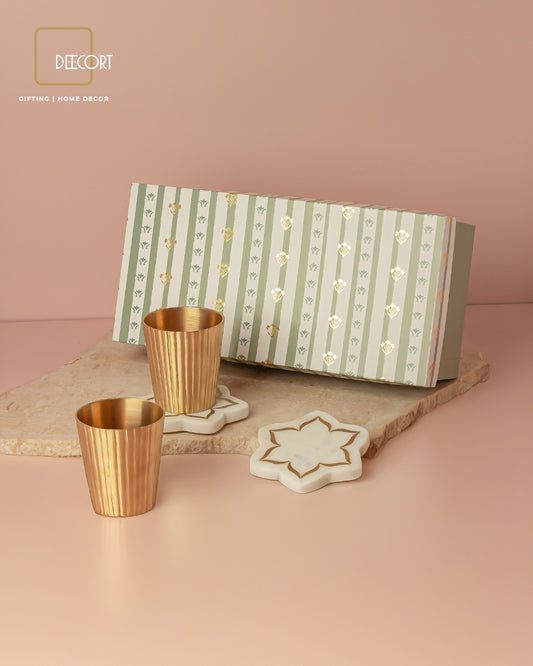 Golden Fluted Brass Glass & Marble Urli Coasters with Brass Inlay (set of 2) - Gift Set