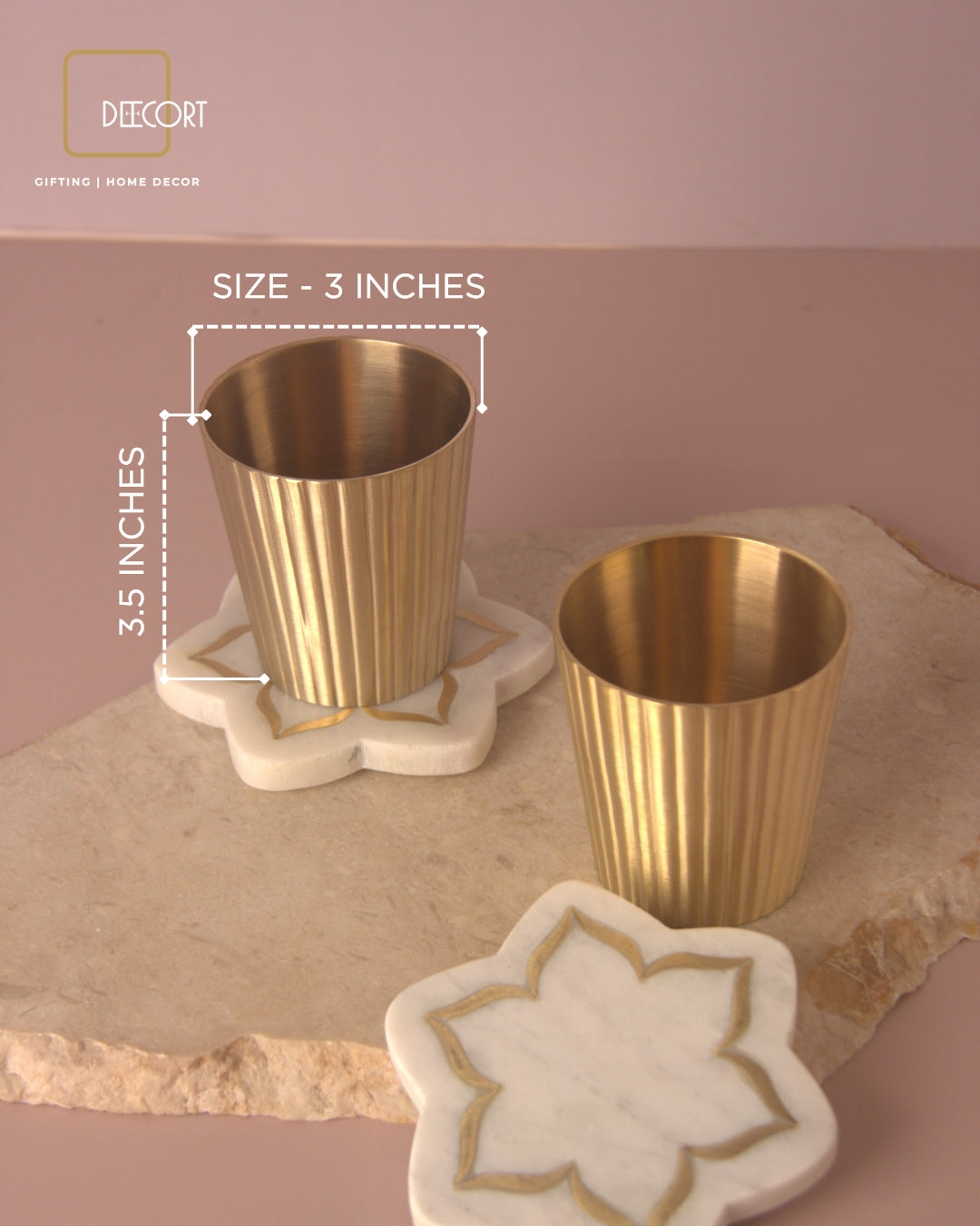 Golden Fluted Brass Glass & Marble Urli Coasters with Brass Inlay (set of 2) - Gift Set