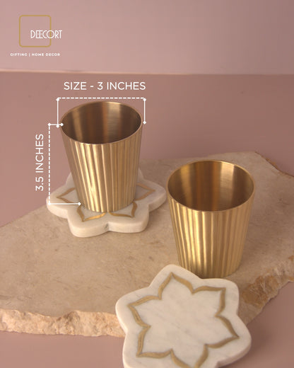 Golden Fluted Brass Glass & Marble Urli Coasters with Brass Inlay (set of 2) - Gift Set