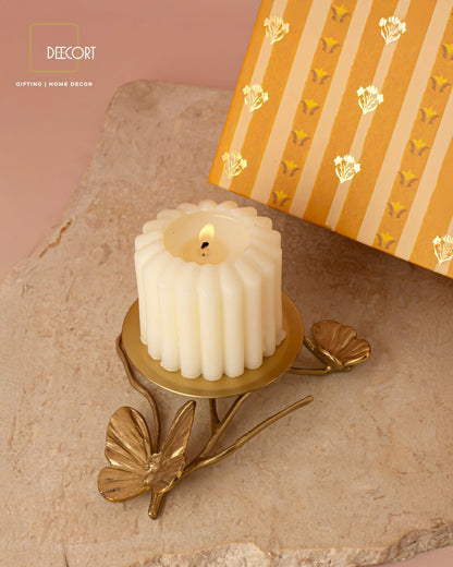 Butterfly Brass Candle Stand and Ivory Fluted Candle Gift Set
