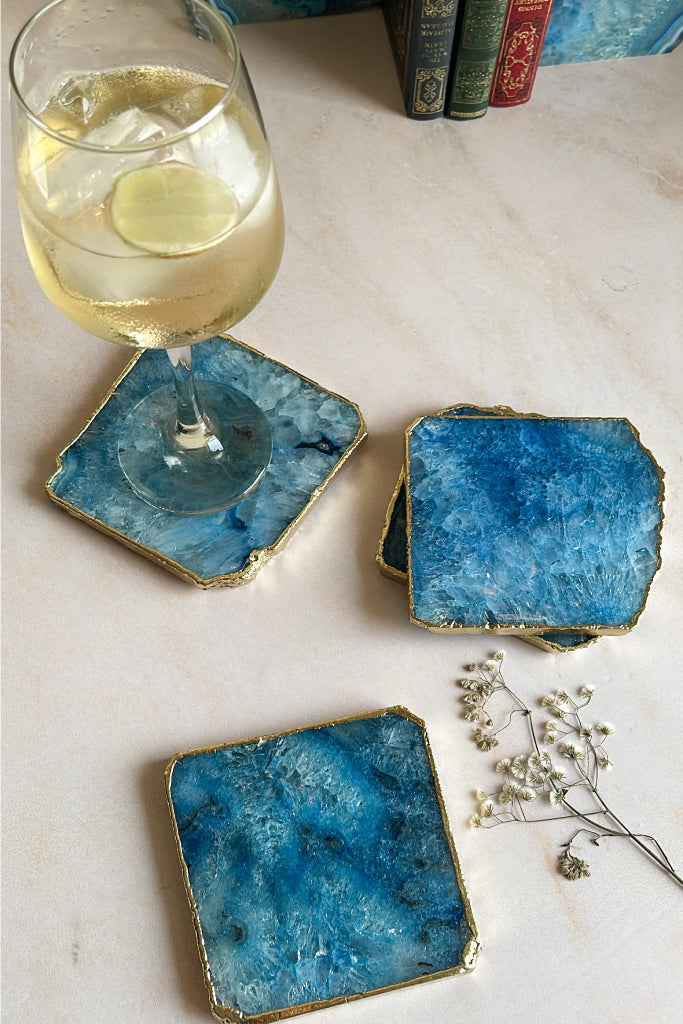 Agate Ocean Blue coasters with gold electroplated borders- Set of 2