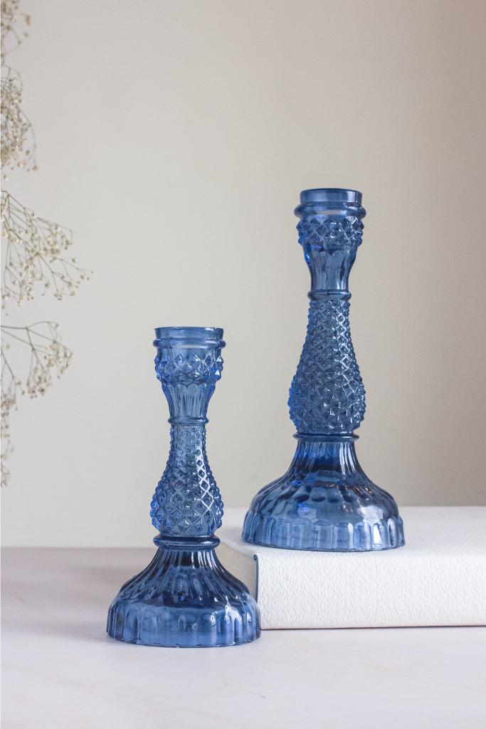 Diamond Midnight Blue Glass Candle Stands – Set of 2