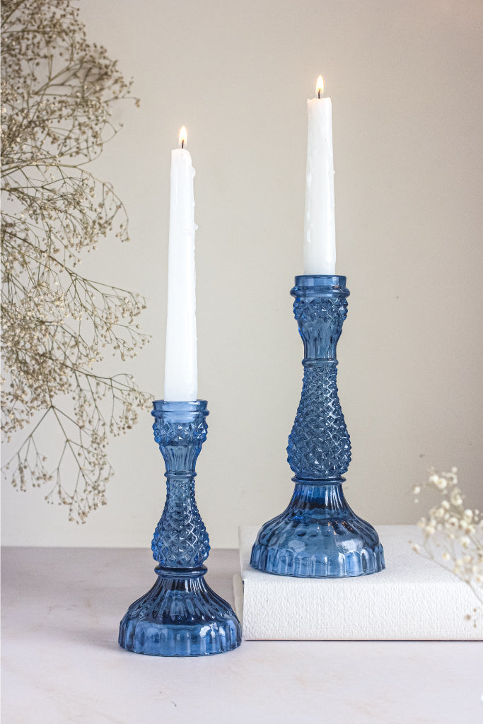 Diamond Midnight Blue Glass Candle Stands – Set of 2