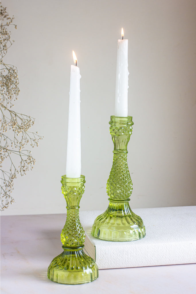 Diamond Garden Green Glass Candle Stands – Set of 2