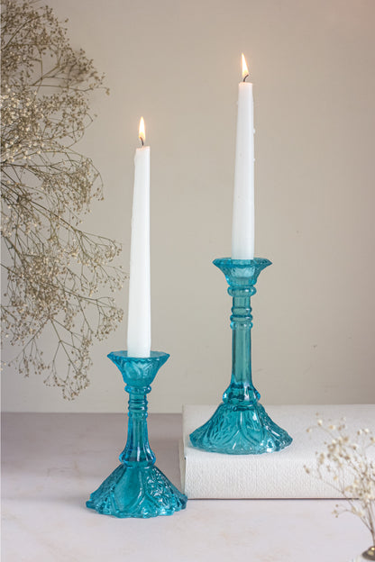 Floral Aquamarine Blue Glass Candle Stands – Set of 2