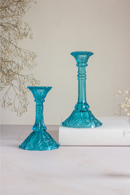 Floral Aquamarine Blue Glass Candle Stands – Set of 2