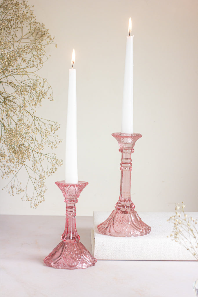 Floral Paradise Pink Glass Candle Stands – Set of 2