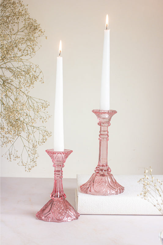 Floral Paradise Pink Glass Candle Stands – Set of 2