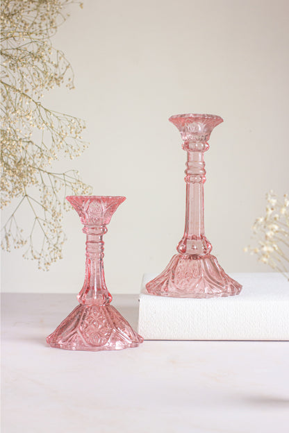 Floral Paradise Pink Glass Candle Stands – Set of 2