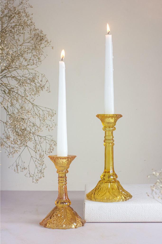 Floral Daffodil Yellow Glass Candle Stands – Set of 2