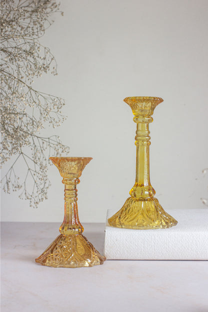 Floral Daffodil Yellow Glass Candle Stands – Set of 2