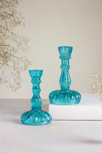 Pumpkin Sea Salt Blue Glass Candle Stands – Set of 2