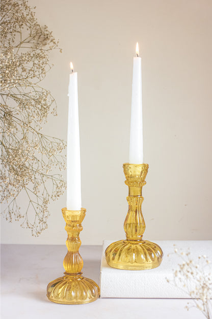 Pumpkin Sunshine Yellow Glass Candle Stands – Set of 2