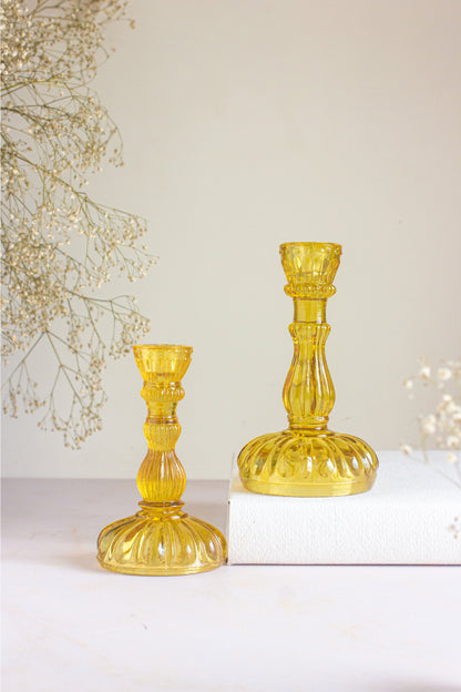 Pumpkin Sunshine Yellow Glass Candle Stands – Set of 2