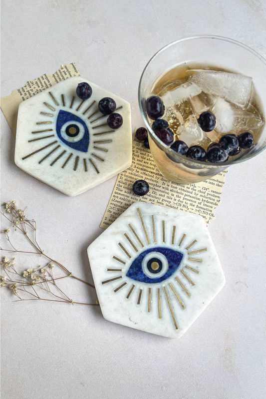 Evil Eye Natural Marble Coasters with Blue Lapis Stone & Brass Inlay Work (Set of 2)